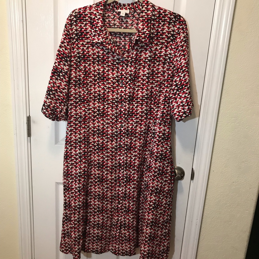 J Jill Red Black Tan geometric dress 18  3/4 sleeves no belt